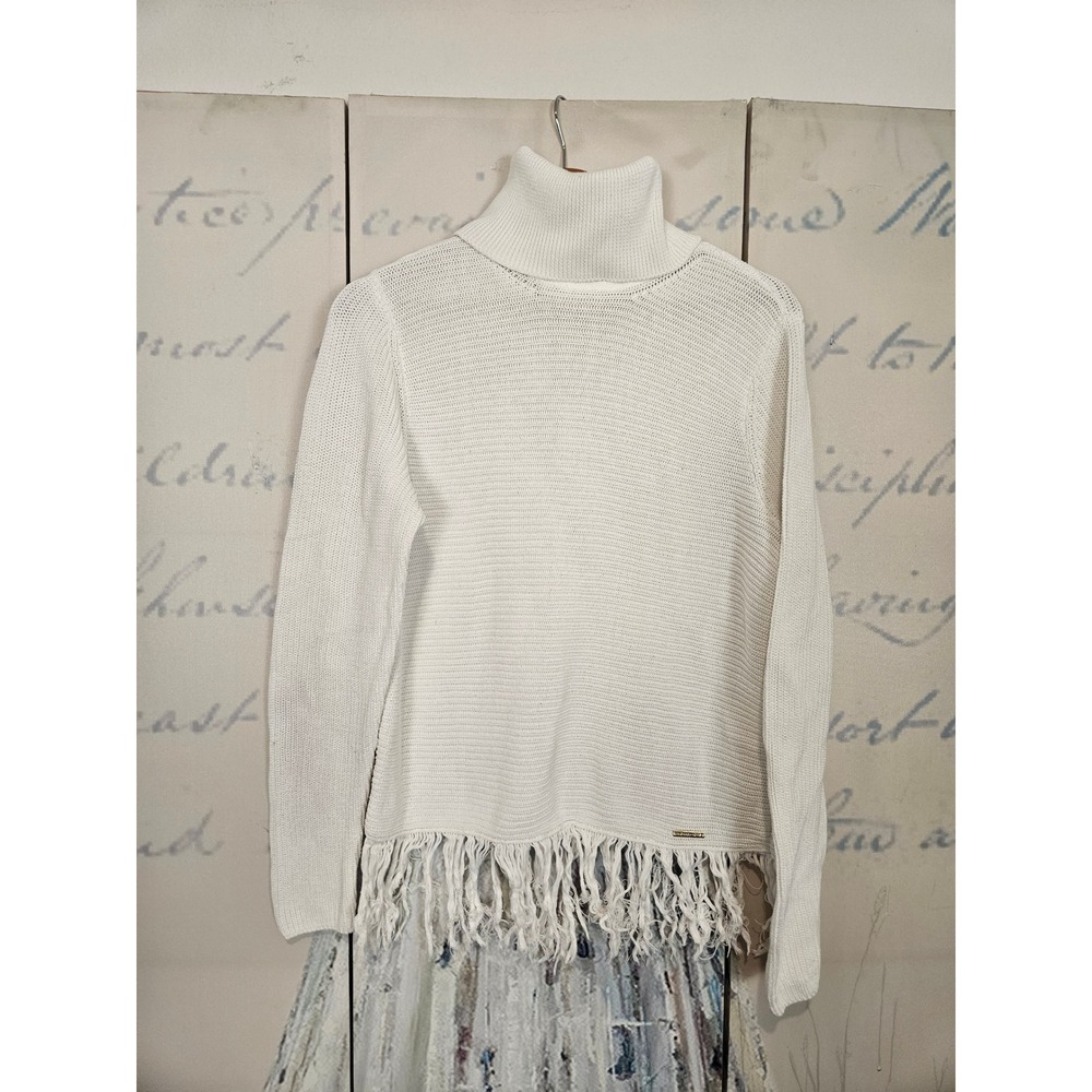 Michael Kors Turtleneck Sweater L White Fringe Hem Boho Coastal Grandma